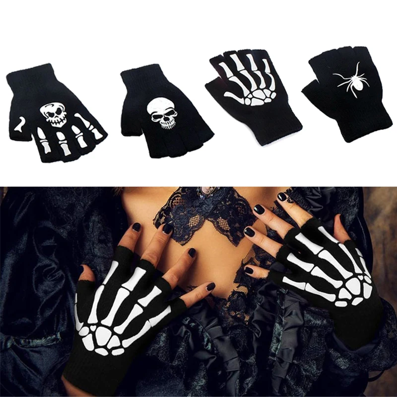 Guantes de ciclismo para deportes al aire libre, medio esqueleto, protecci&oacute;n suave, Punk, Unisex, Calavera, dedo que brilla en la oscuridad, mitones de punto de invierno-1