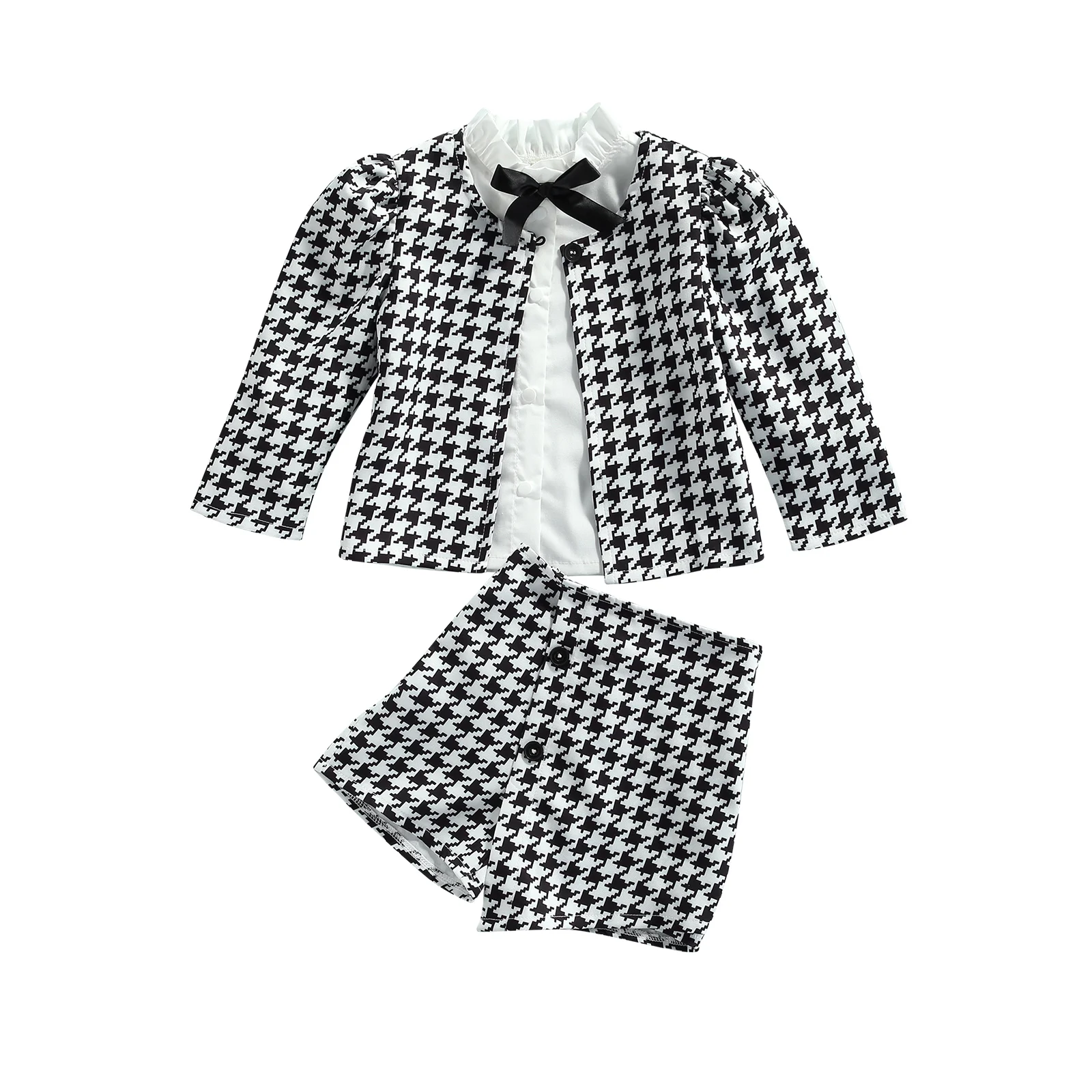 

OPPERIAYA Baby Girls Three-piece Autumn Cotton Clothes Casual Set Black Houndstooth Printed Pattern Cardigan Shorts and Shirt
