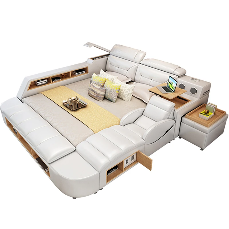 Modern Leather Fabric Bed With Storage Box Function Bedroom Furniture Set Chestrfield Style Multimedia Speaker USB Charger | Мебель