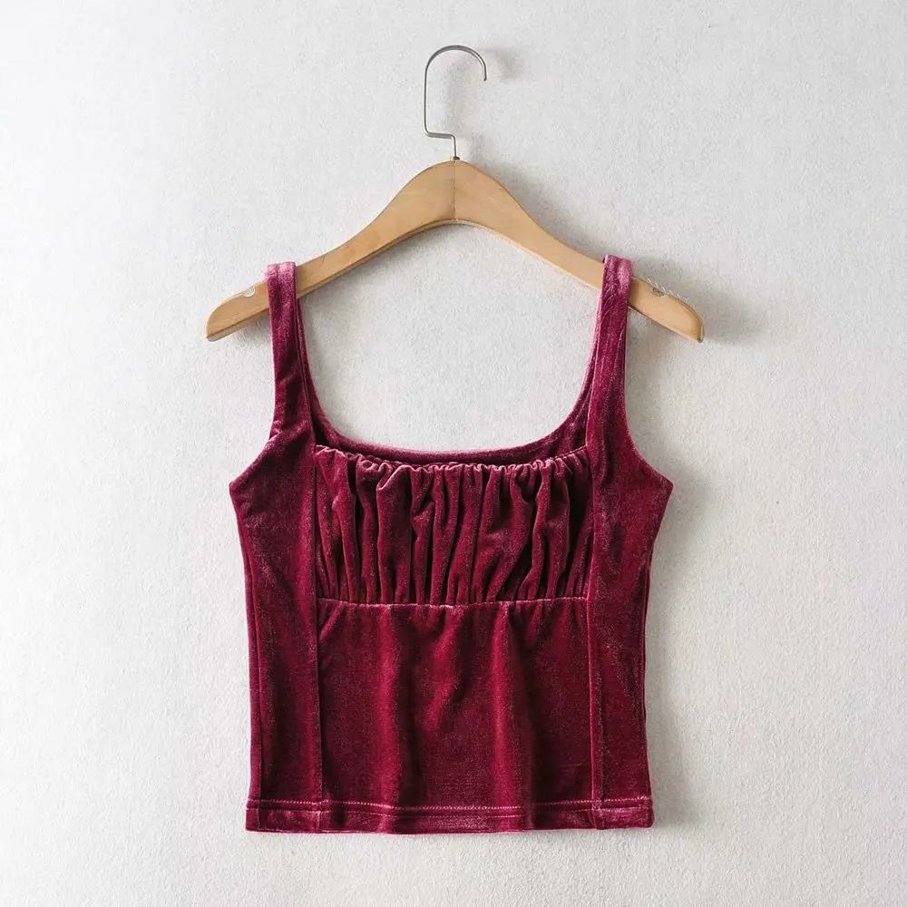 

New arrival women velvet tank top vintage casual crop tops woman velour vest backless clothing vetement femme