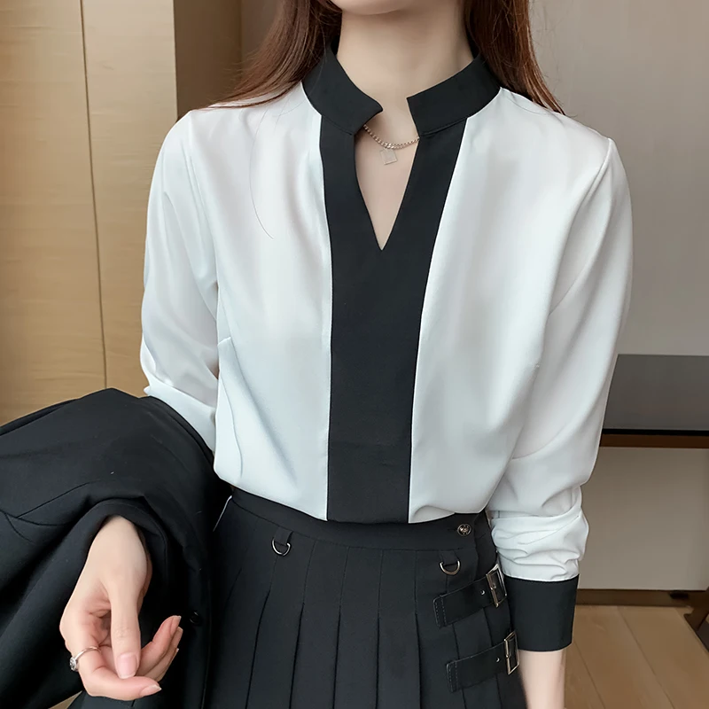 

Vogue patchwork office ladies shirts Women's chiffon Blouses Vogue Long sleeve v-neck Shirts Tops Blusas Mujer