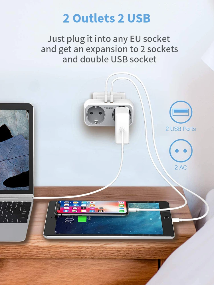 Сетевая розетка TESSAN ЕС удлинитель с 3 розетками переменного тока USB-порта защита