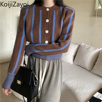 koijizayoi women knitted cropped cardigan long sleeves single breasted chic korean kardigan outwear vintage striped cardigans