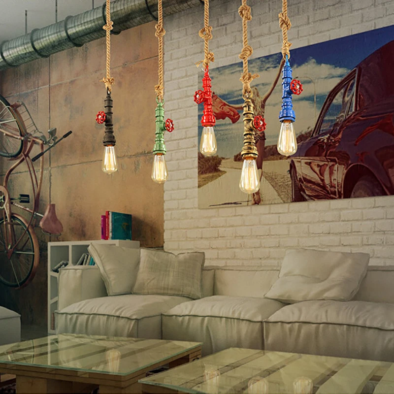 

DIY loft retro industrial vintage Steampunk water Pipe colorful pendant lamp e27 hemp rope light for bar Restaurant dining room