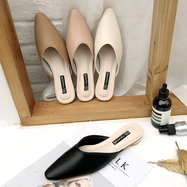 Мюли женские с острым носком заостренный носок квадратный низкий каблук сланцы