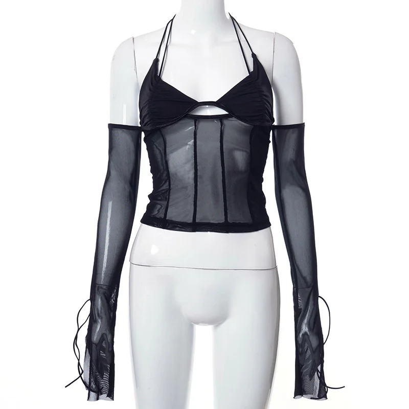 

Mesh Off-shoulder Black T-shirts Sexy Halter Backless Long Sleeve Transparent Crop Tops Femme Party Club Hollow Out Tees