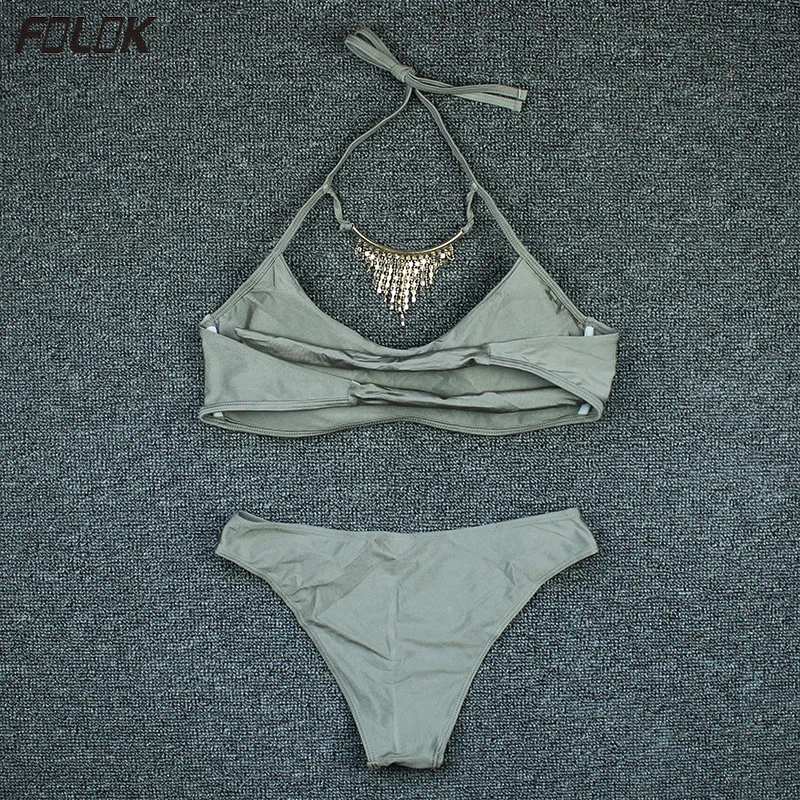 Necklace Bikini Women Push up Swimsuit Solid Gloss Swimwear Sexy Bathing Suit Female Tanga Bikinis Swimming Beachwear | Женская одежда