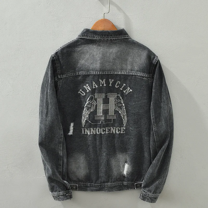 

Мужская джинсовая куртка с карманами, свободная повседневная хлопковая куртка в стиле ретро, с вышивкой буквами, модная уличная одежда, 18050