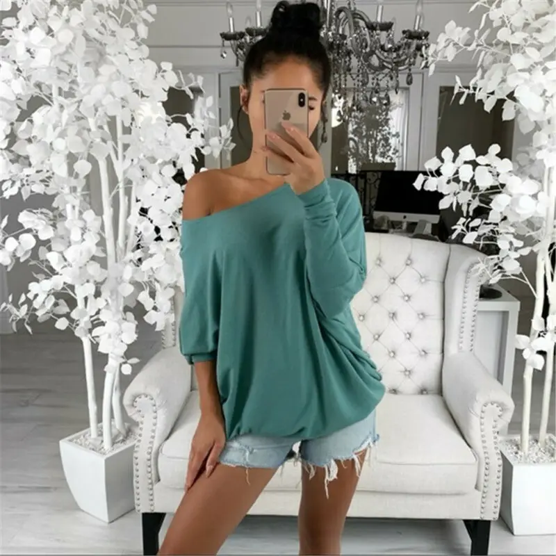 New Autumn Women Lady Off Shoulder Plain T Shirts Batwing Sleeve Long Sleeve Loose Baggy Casual Jumper Pullover Tops Tee Top