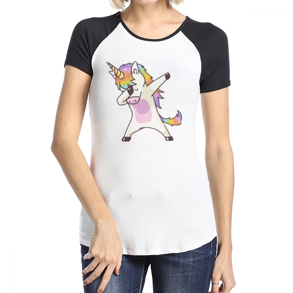 

Rainbow Unicorn Womens Tops Raglan Shirts Baseball Tee Round Neck Short Sleeve Tunic T-Shirts Softball Jersey Active