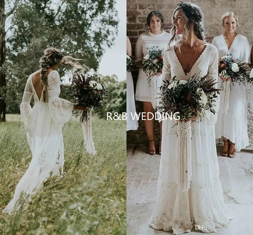 

2020 Bohemian Wedding Dresses V Neck Long Sleeve Lace Sweep Train Beach Boho Garden Country Bridal Gowns robe de mariée Plus