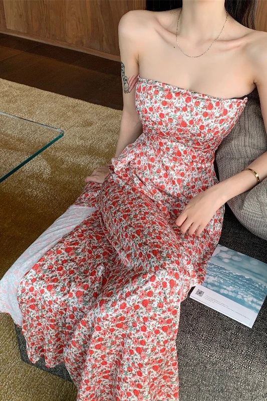 

Dresses for Women Summer 0floral French Minority Dress Summer New Temperament Sexy Sweet Split Tube Top Skirt Women's Dresses