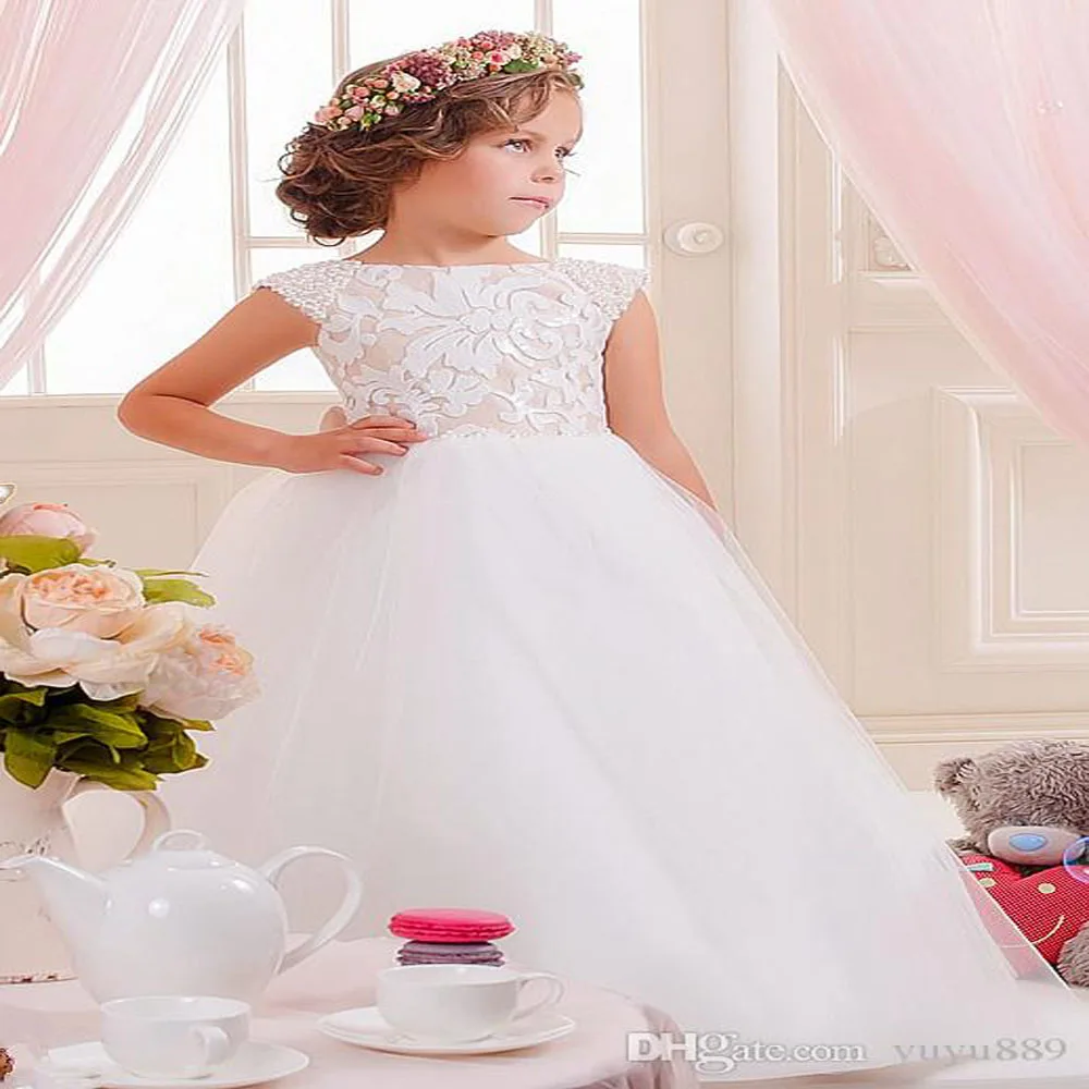 

Flower Girls Dresses Bow Sash Tulle Applique Party Princess Kids Party Birthday Gowns Girl Communion Pageant Dress