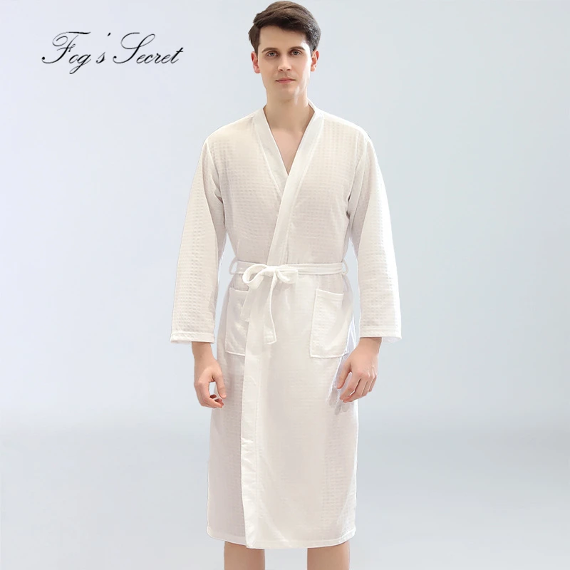 Белый Мужской халат, Осень-зима, вафельный тонкий, yukata, Абсорбирующая, быстросохнущая Пижама, домашняя одежда, ночная рубашка, roupao feminino - Цвет: Белый
