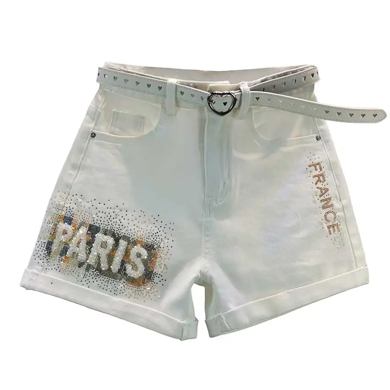 

Summer White Denim Shorts Women High Waist Short Jeans Sequin Embellished Denim Shorts(Belt Excluded)