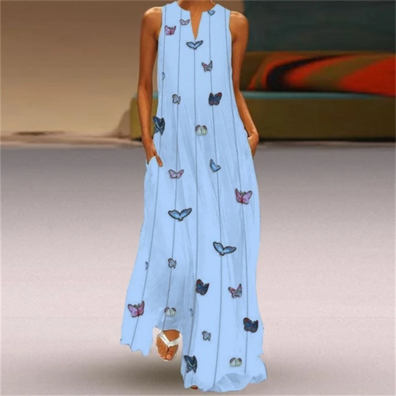 

2021 Summer Bohemian Sundress Elegant Printed Sarafans Women Sleeveless Long Maxi Vestidos Dresses Robe Femme Plus Size