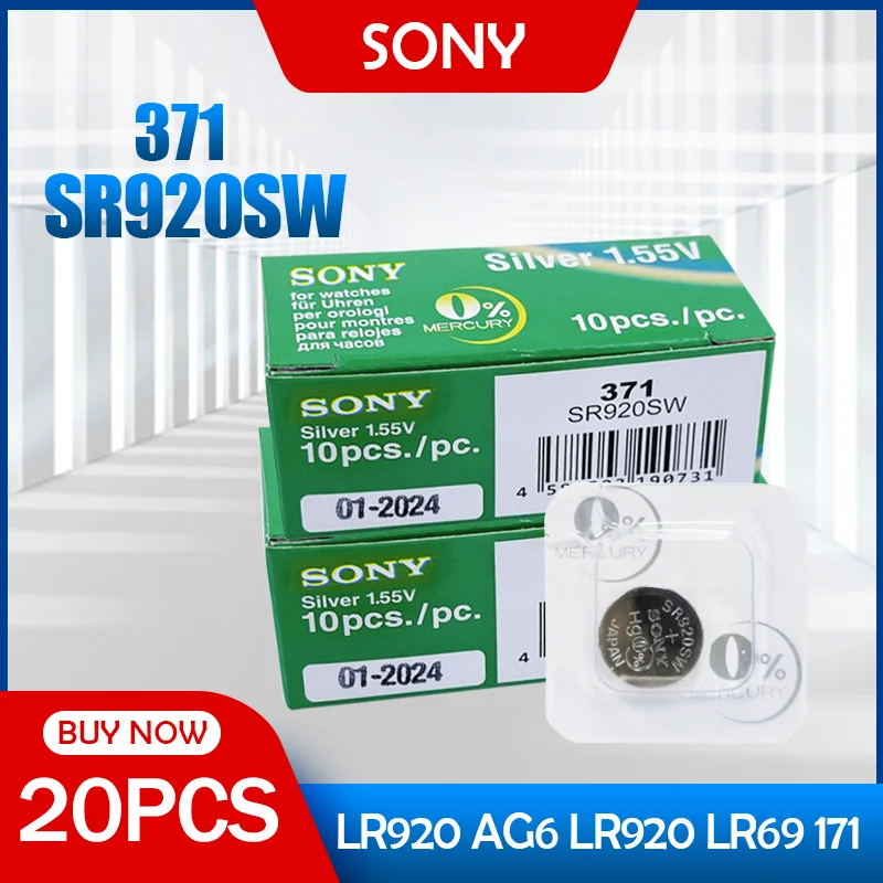 20 шт. Sony 371 SR920SW AG6 920 LR920 LR69 171 370A 371A 1 55 в оксид серебра аккумулятор для часов одна