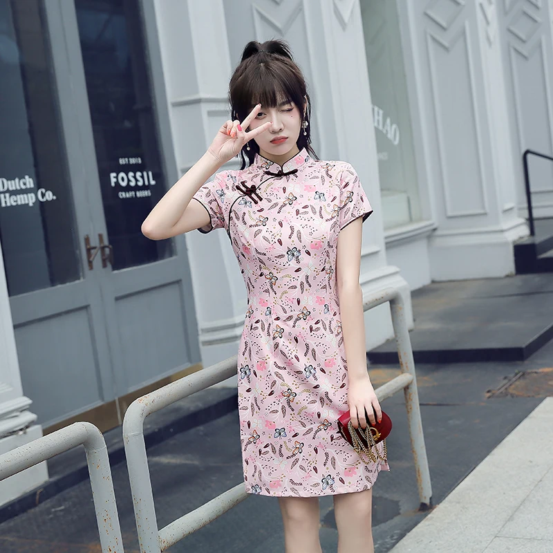 

summer cheongsam young girl pink Small leaves Chinese style dress