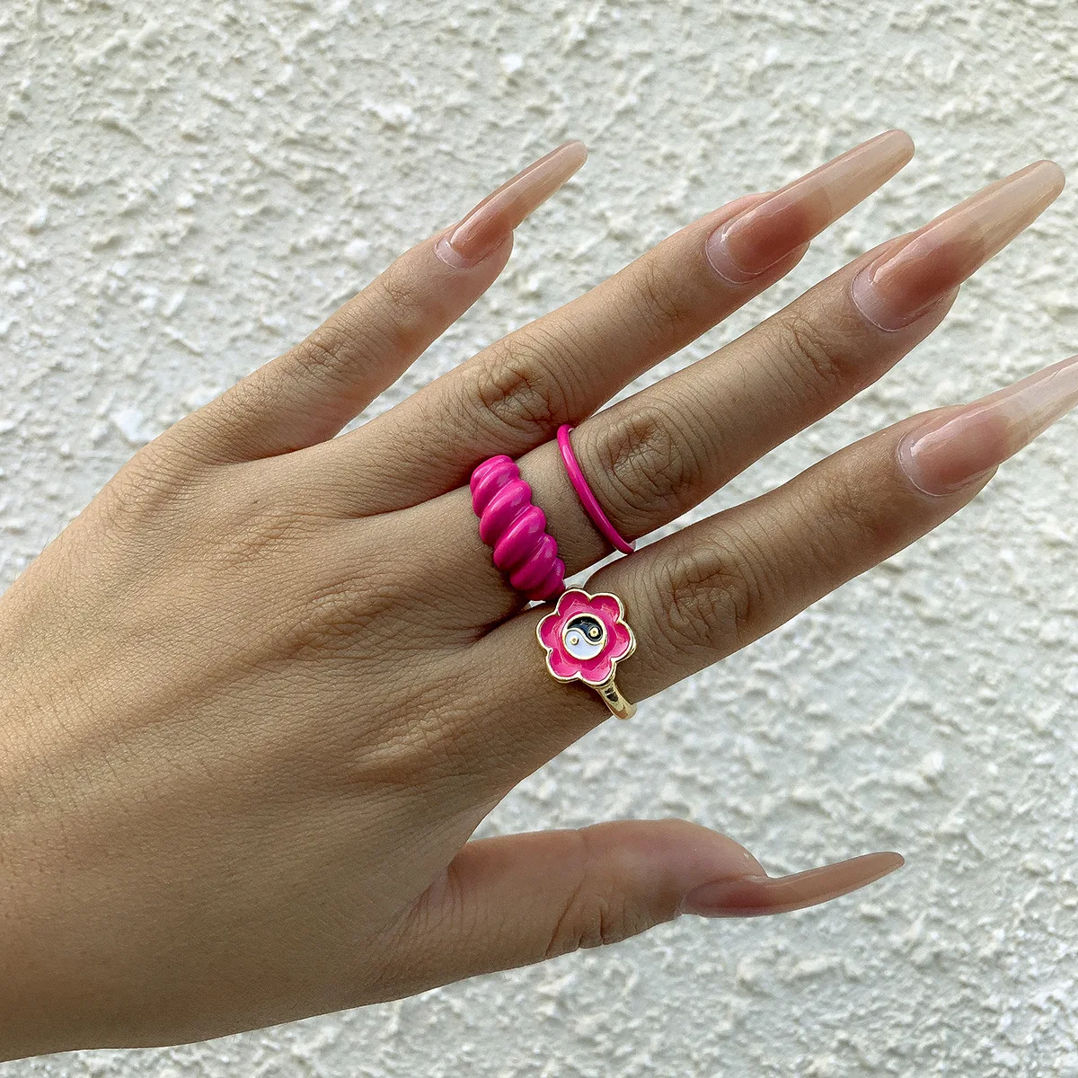

3 pcs/set Simple Retro Style Pink Oil Drop Flower Alloy Tai Chi Yin And Yang Adjustable Ring Women's Index Finger Jewelry Gifts
