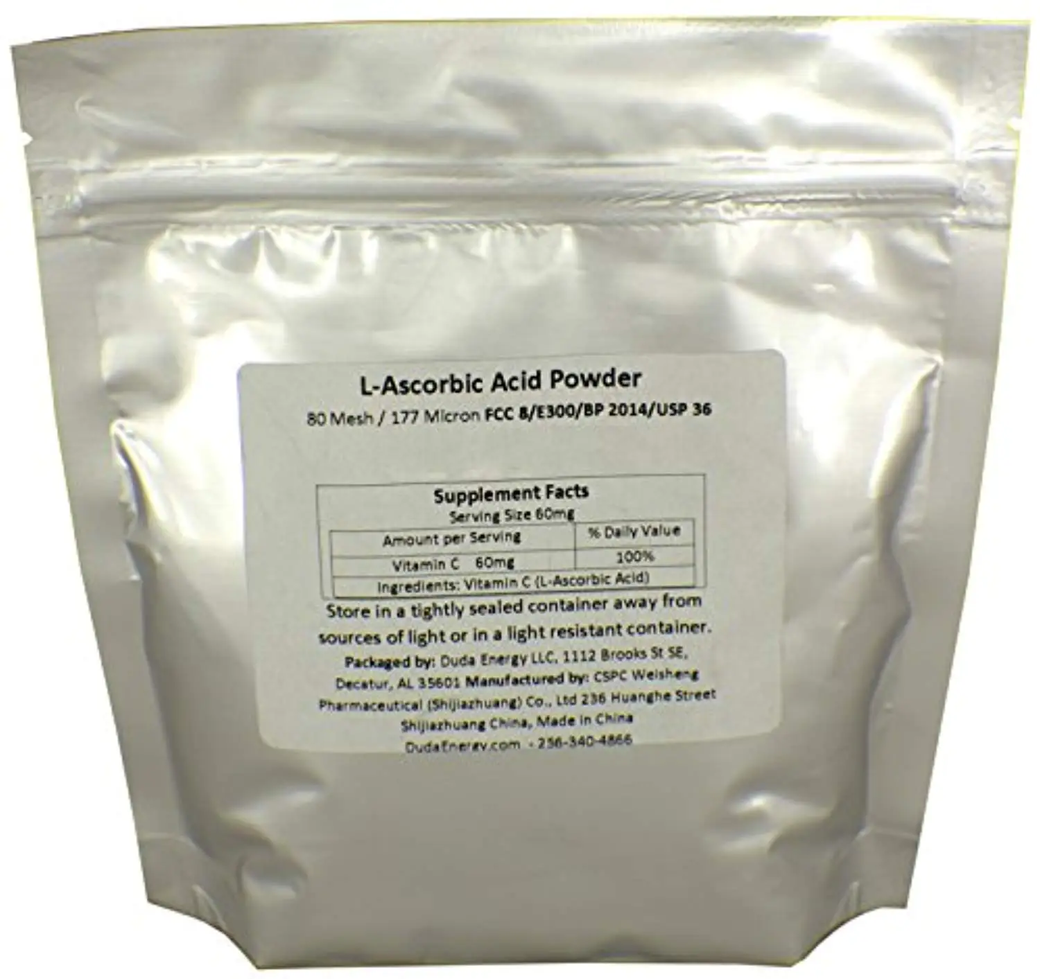 Bag of L-Ascorbic Acid Powder 99+% Food Grade USP36/BP2012 Naturally Fermented Pure White Crystals Form of Vitamin C, 1 lb