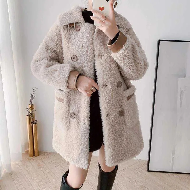 Autumn Winter Lamb Wool Fur Jacket Turn-Down Collar Double Breasted Women Double-Faced Fur Coat Korean Fashion Clothes Overcoat