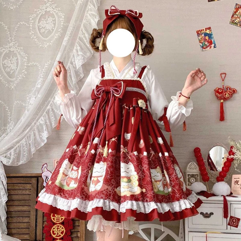 

Японская Лолита Kawaii Jsk Слинг платье девочка принцесса новогодний счастливый кот принцесса чайвечерние Детские куклы платья для женщин Vestidos