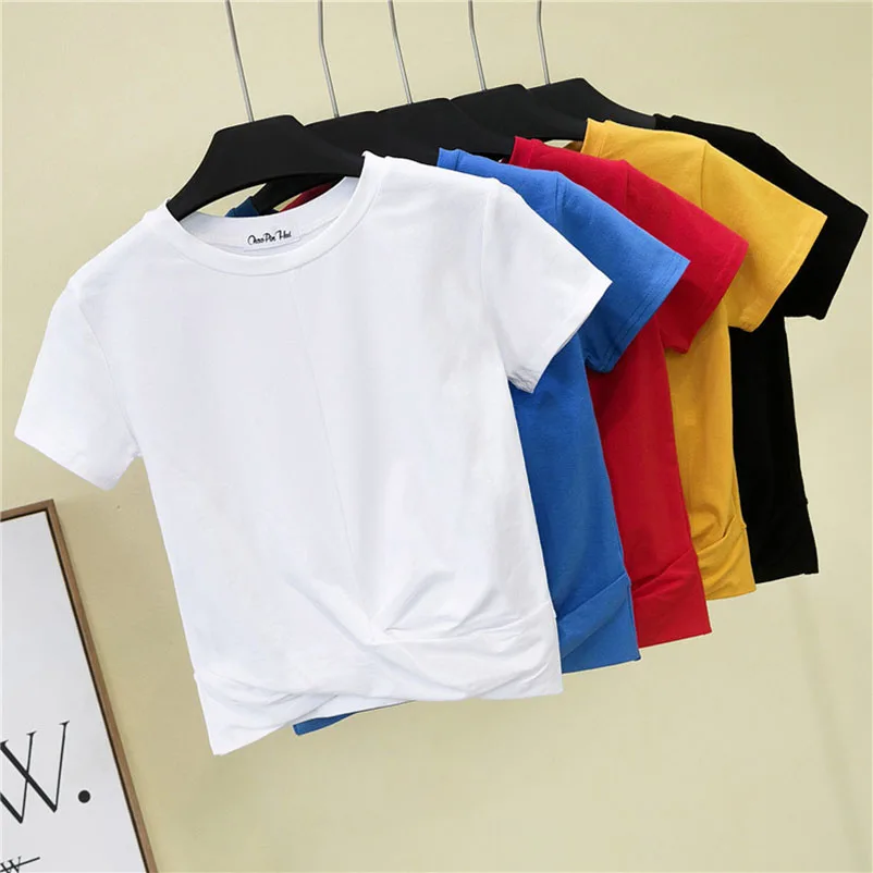 

Women's T-shirt Tees Top Summer Shirt Cross O-neck Women Tees Top T-Shirt Casual Solid T-Shirt Cotton High Waist Camiseta Mujer