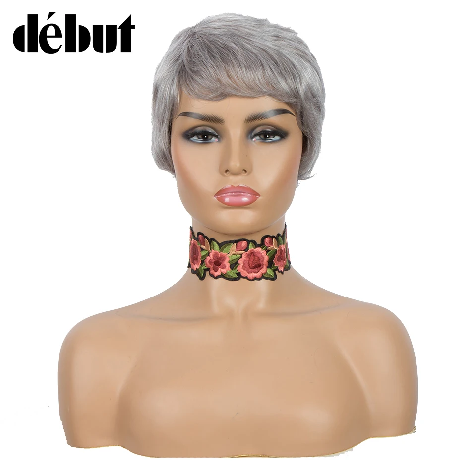 Perucas de Cabelo Peruanas em Linha Debubt Cinza Humano Pixie Corte Curto Bonito Perucas Reta Bob 100% Cabelo Barato Remy Preto Completo