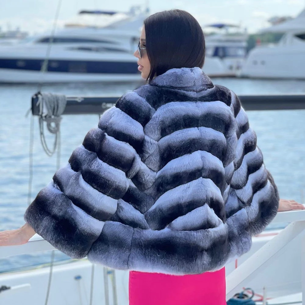 Women Natural Rex Rabbit Fur Coat Stand Collar New Trendy Woman Genuine Rex Rabbit Fur Jacket Chinchilla Color Fur Overcoats