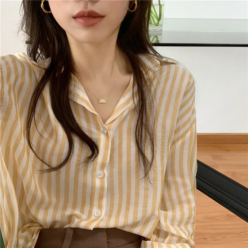 

New 2021 Spring Summer Blouses Shirts Striped Vintage Oversize Korean Style Office Lady Fashionable Wild Tops