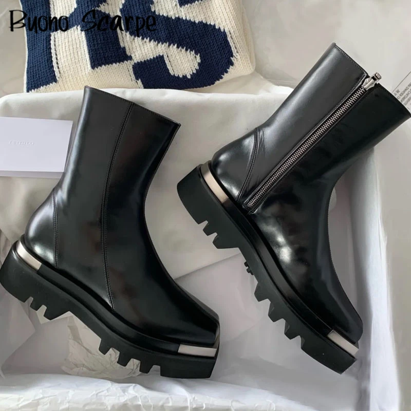 

Women Platform Chelsea Boots British Style Metal Toe Motorcycle Thick Bottom Women's Boots Punk Anklle Booties Zipper Shoers New