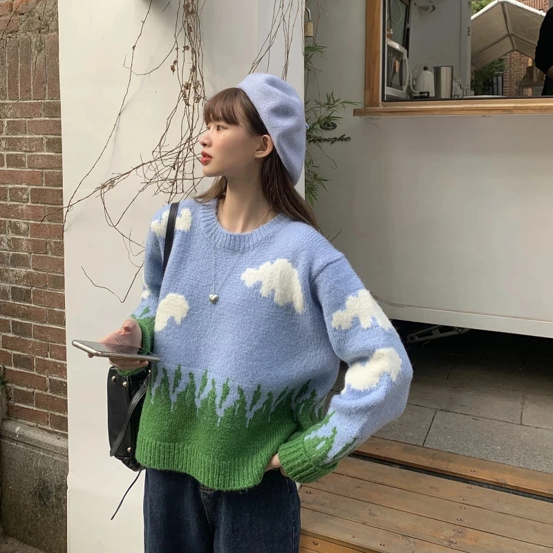 Женские зимние свободные свитера с круглым вырезом Повседневные вязаные