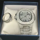 Роскошные мужские часы и кольцо серебристого цвета, комплект с регулируемым кольцом в стиле хип-хоп, кубинские часы и кольцо, ювелирные изделия в стиле хип-хоп для мужчин