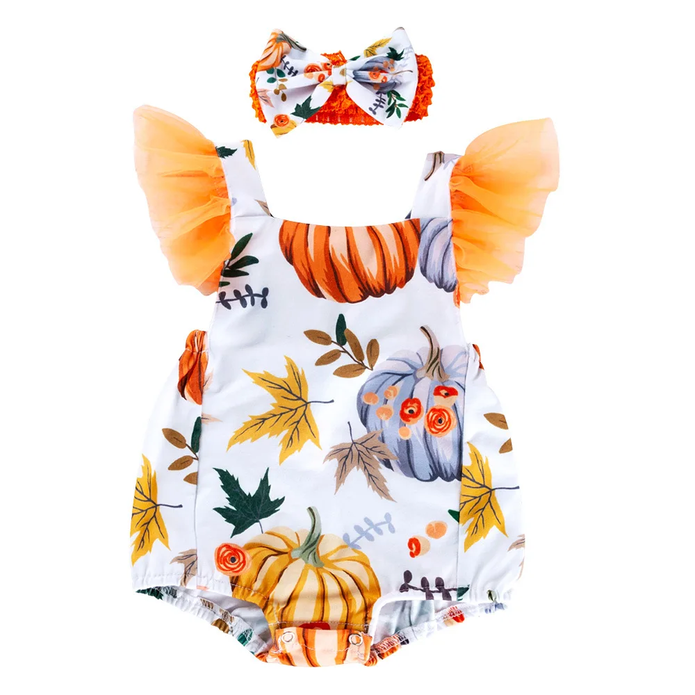 

Newborn Baby Kids Girls Clothes Cute Pumpkin Print Rompers Set Romper+Headband 0-24M Infant Toddler Newborn Outfits Set