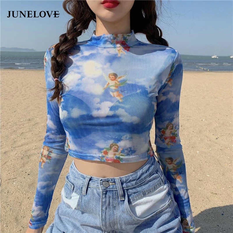 Женская прозрачная блузка с длинным рукавом JuneLove голубая и черная рубашка