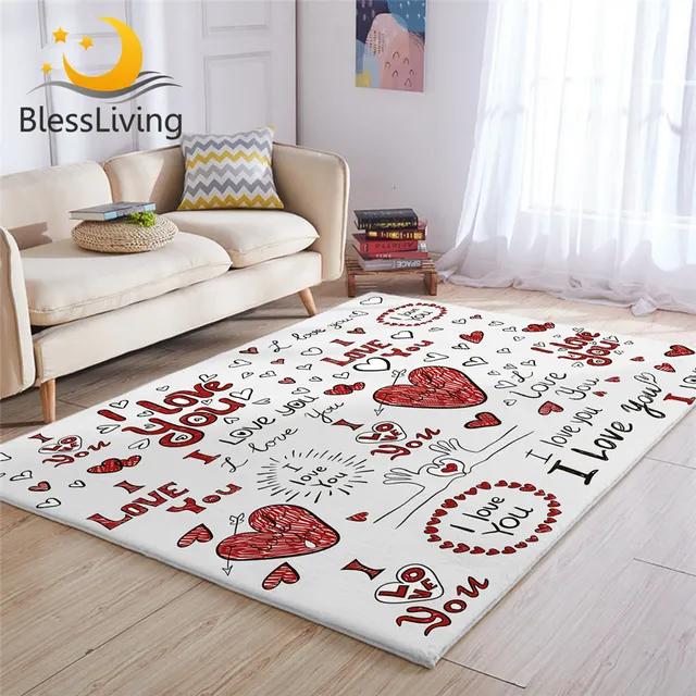 BlessLiving I Love You Area Rug Red Hearts Living Room Carpet Hand Drawn Non-slip Floor Mat Valentines Day Rugs Home Decor tapis 1