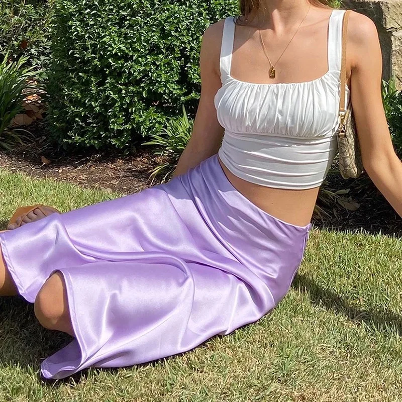 

Women Vintage High Waist A-line Midi Skirts Solid Color Silky Satin Pencil Maxi Skirt E-Girl Streetwear for Shopping Daily Wear