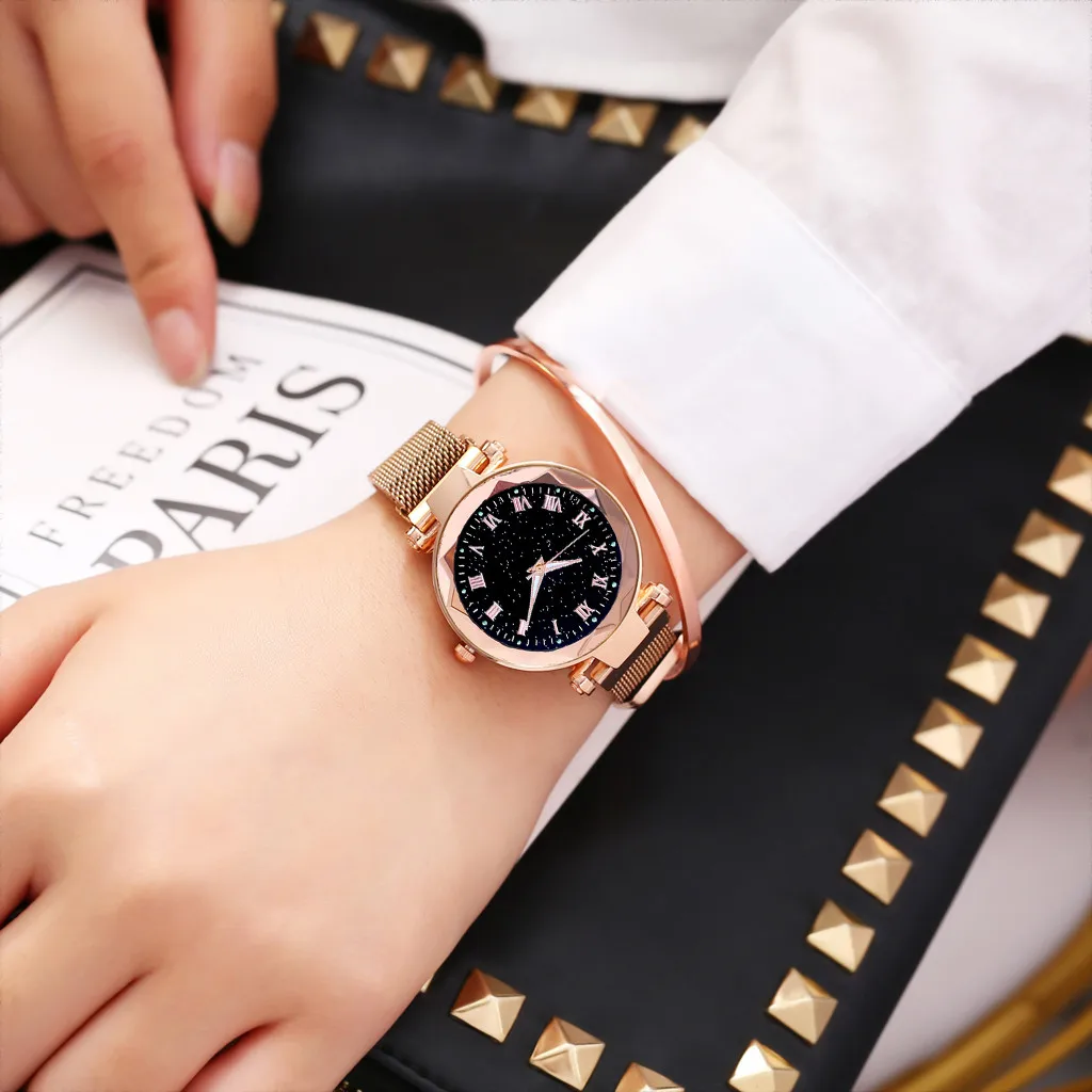 

Roman Numerals Quartz Watch Starry Dial Stainless Steel Mesh Strap Watches for Women Wristwatch Montre Femme Zegarek Damski