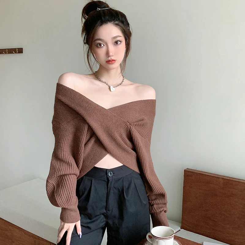 

Sweater Autumn And Winter Women's Clothing Sexy Exposed Collarbone One Shoulder Sexy Foreign Style With Bottomed Sweater Top