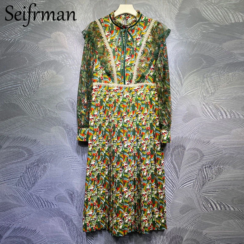 

Seifrmann New 2021 Summer Women Fashion Designer party Midi Dress Lantern Sleeve Lace Ruffles Printed Slim Ladies Pleated Dress