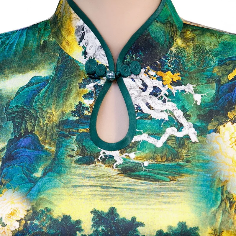 

2020 spring summer new mulberry silk Short sleeve chinese style Stage show landscape long High-grade women cheongsam dress