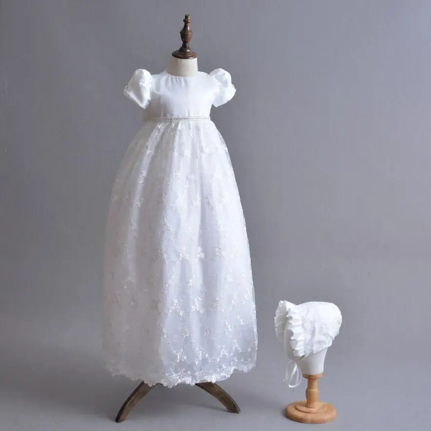 Детское платье для крещения девочек белое новорожденных с вышивкой бисером и