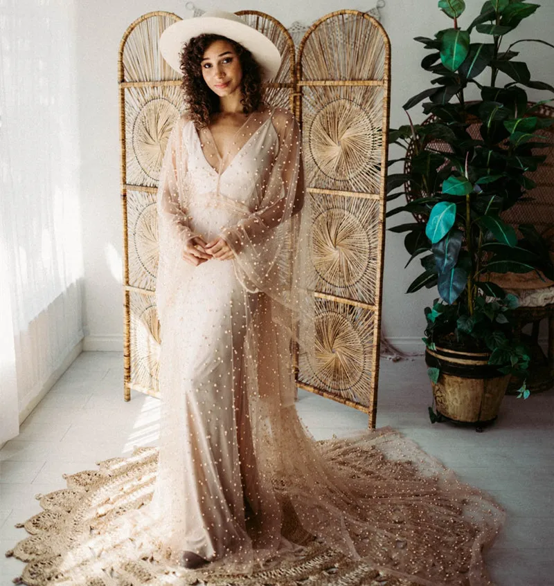 Bohemian Beading Pearls Maternity Photo Shoot Dress See Through Pearls Boho Maternity Photography Dress Maxi Gown Side Slit enlarge