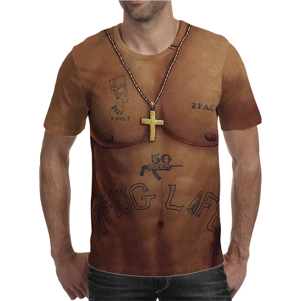 

2021 new funny 3D muscle T-shirt men's summer short-sleeved fitness T-shirt punk style hip-hop round neck short sleeve