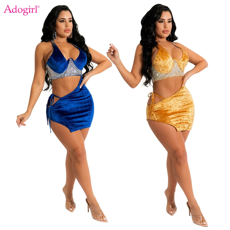 

Adogirl Diamonds Velvet Mini Dress Women Sexy Corset Halter Backless Lace Up Split Bodycon Hollow Out Party Dresses Club Wear