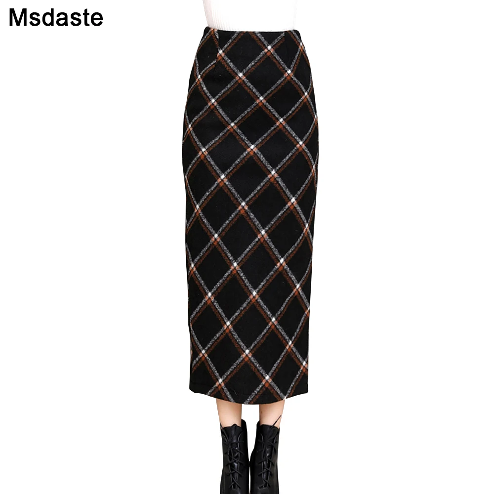 

Woolen Skirts for Lady 2019 Vintage High Waisted Women Pencil Plaid Skirts Saia Slim Female Midi Faldas Mujer Black Gray S~XXL