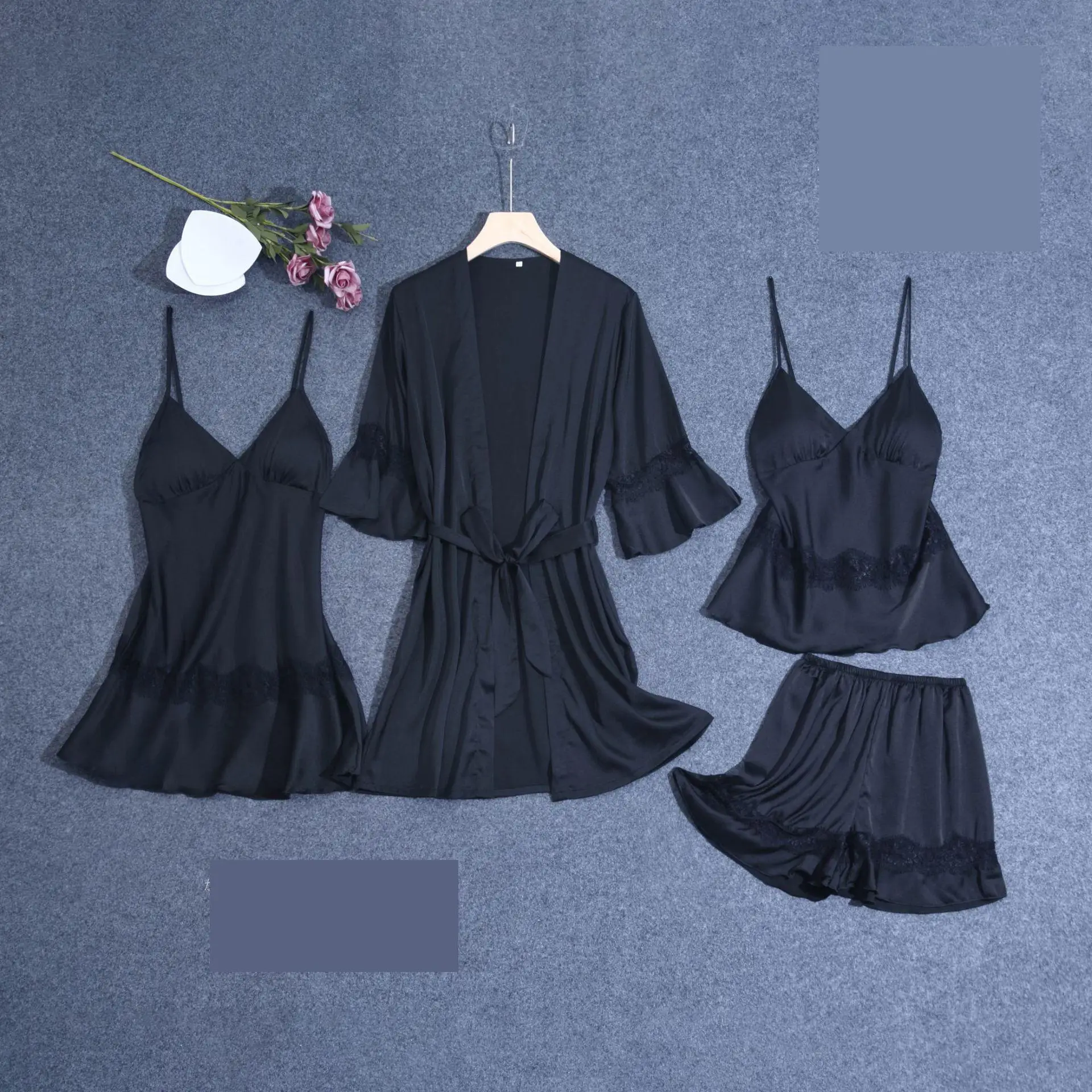 

4PCS Sexy Robe Sets Cardigan Kimono Gown Strap Pyjamas Suits Satin Pajamas Summer Fashion Sleepwear Lace Nightwear Bathrobe New