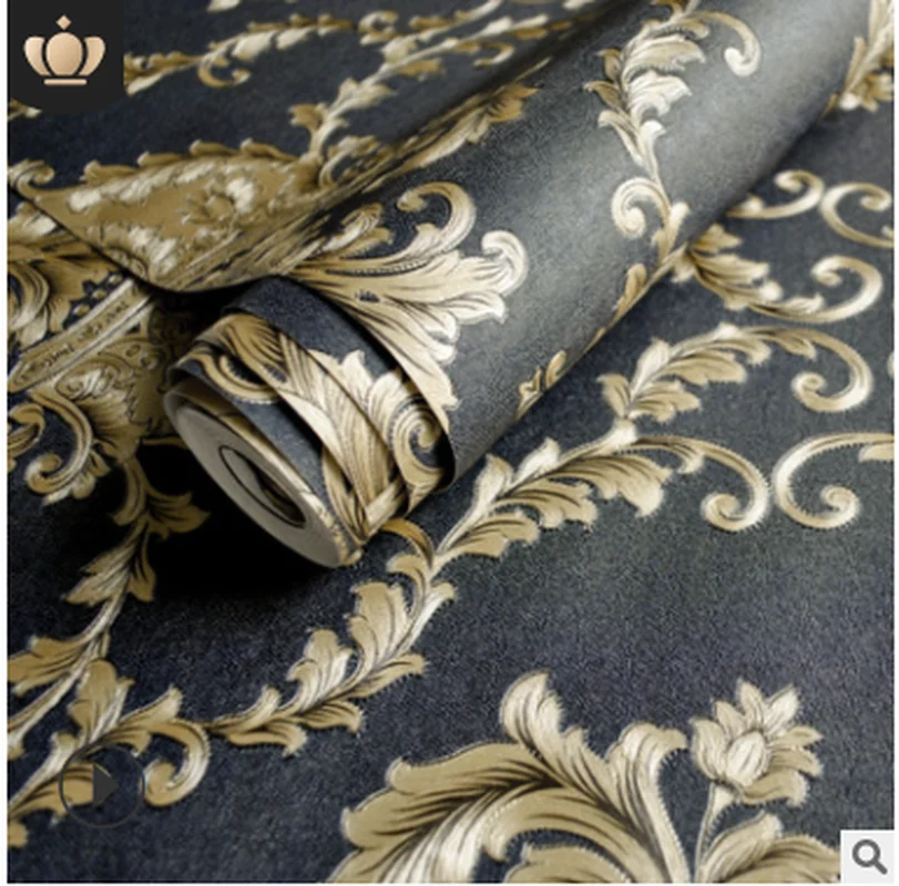 

High Grade Black Gold Luxury Embossed Texture Metallic 3D Damask Wallpaper For Wall Roll Washable Vinyl PVC Wall Paper