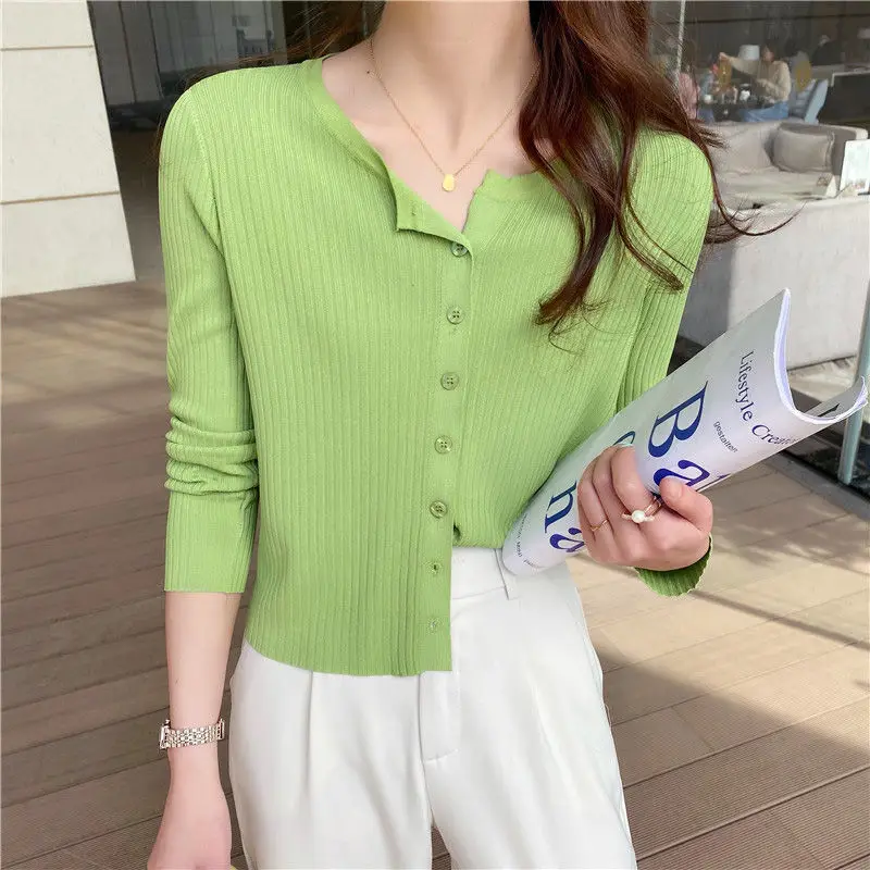 Knitted Sweater Coat Cardigan Women Korean Short Sweater Long Sleeve V Neck Green Blue Air Conditioning Thin Coat Sweater images - 6