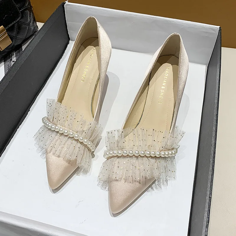 

Gold Heels Shoes 2021 Shallow Mouth Pointed Pumps Slip On Sweet Sandals Ladies Lace-Up Beige Latest Bridal Toe Branded Slip-On